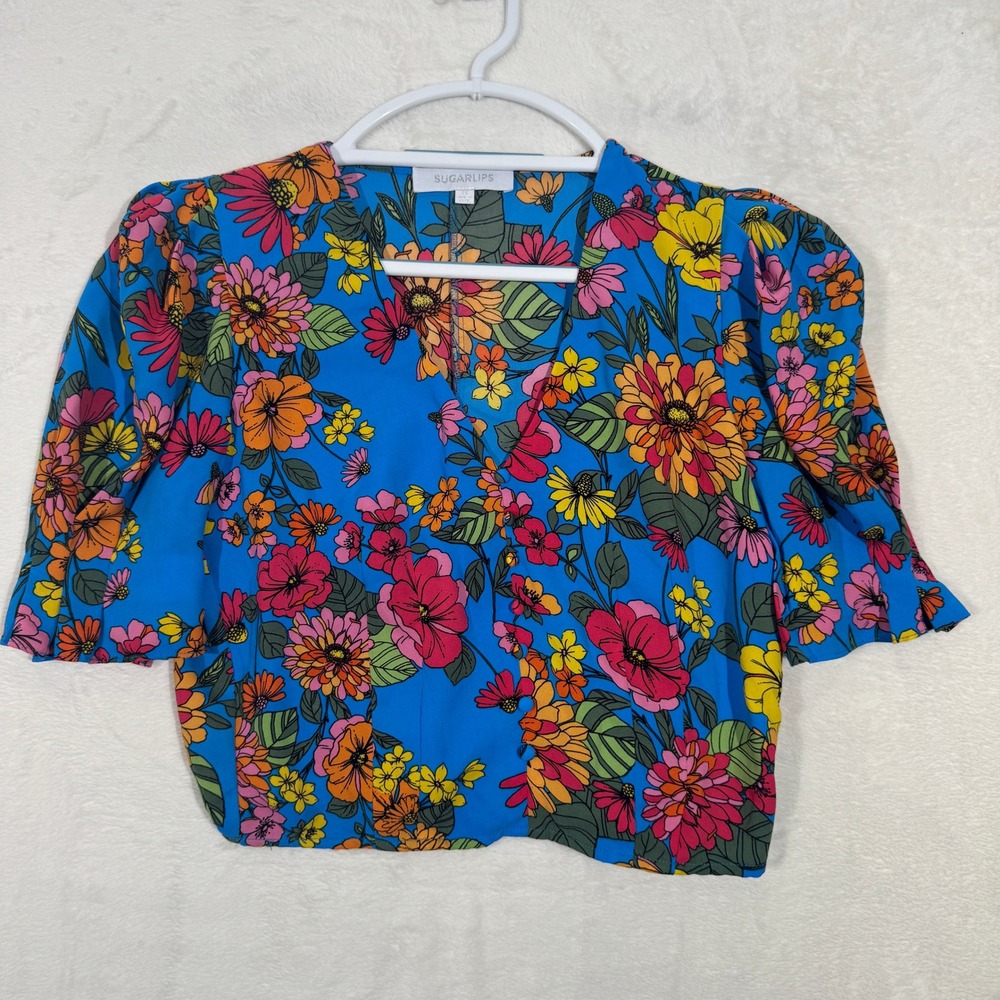 Sugarlips Blouse Womens‎ XS Blue Floral Puff Sleeve V-Neck Cropped Boho